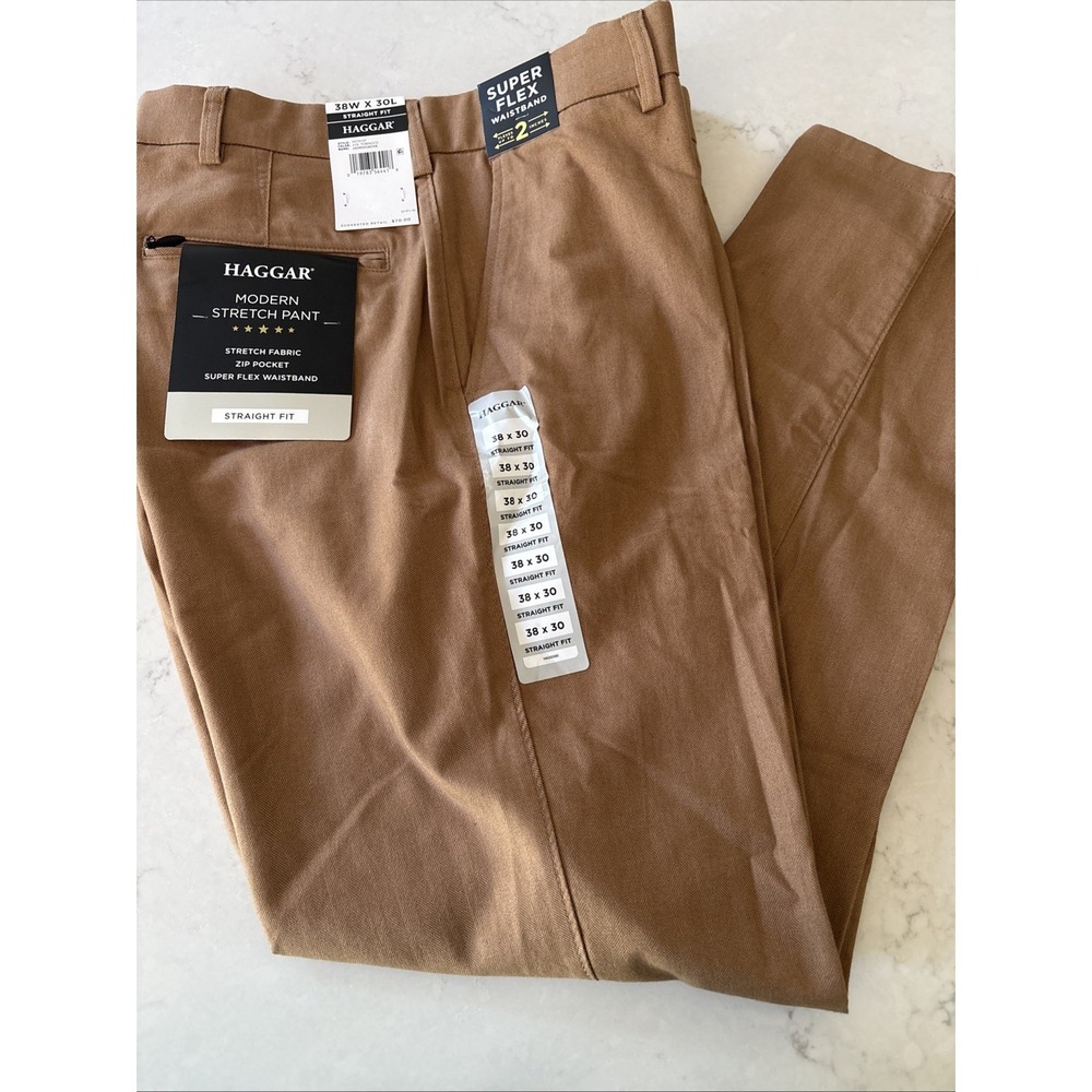 Haggar Pants Mens 38x30 Brown Stretch Super Flex Waist Straight‎ Herringbone NEW